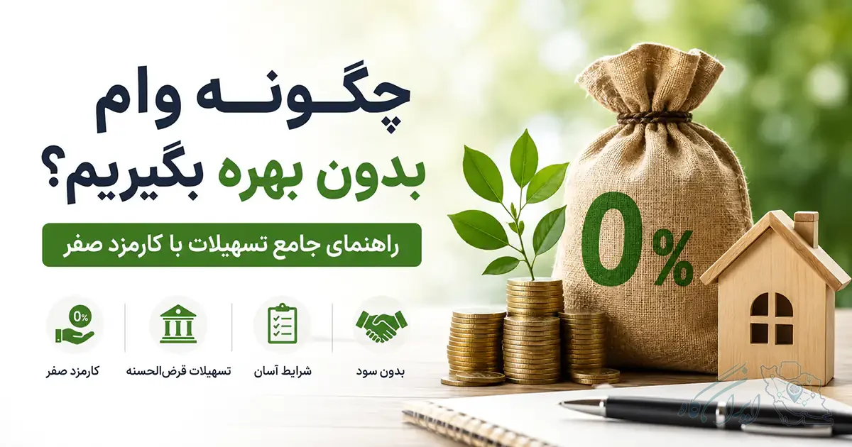 تصویر یک کیسه پول پارچه‌ای قهوه‌ای که بالای آن بسته شده و روی آن صفر درصد به رنگ سبز درج شده است و سه ردیف سکه در کنار آن، که از ردیف وسط یک جوانه بیرون آمده و متن چگونه وام بدون بهره‌ بگیریم و چهار باکس توضیحی زیر آن