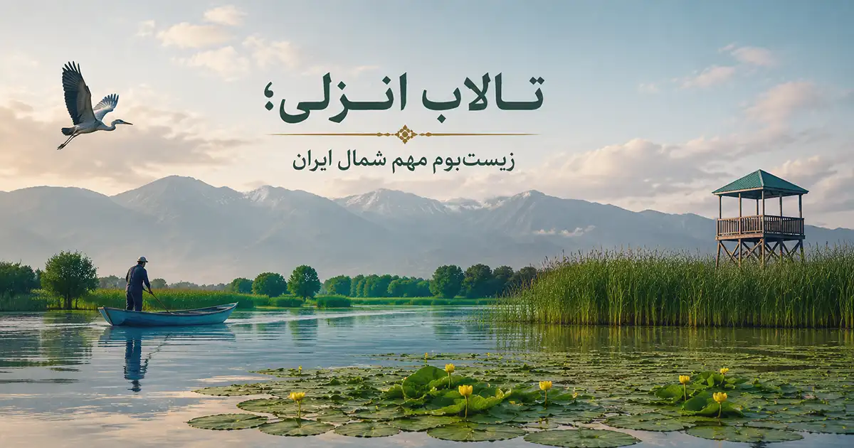 تالاب بندر انزلی که نیلوفرهای آبی در جلوی آن و یک جنگل با ارتفاع پایین در پشت آن و سلسله کوه‌هایی در انتهای تصویر به چشم می‌خورد و یک نفر ایستاده بر روی قایق در حال پاروزدن و یک پرنده در حال پرواز