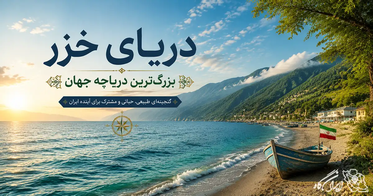 تصویر ساحل دریای خزر که یک یک قایق در کنار آن پهلو گرفته در حالی که پرچم ایران را دارد و جنگلی که سمت ساحل وجود دارد و آفتابی که در حال غروب است