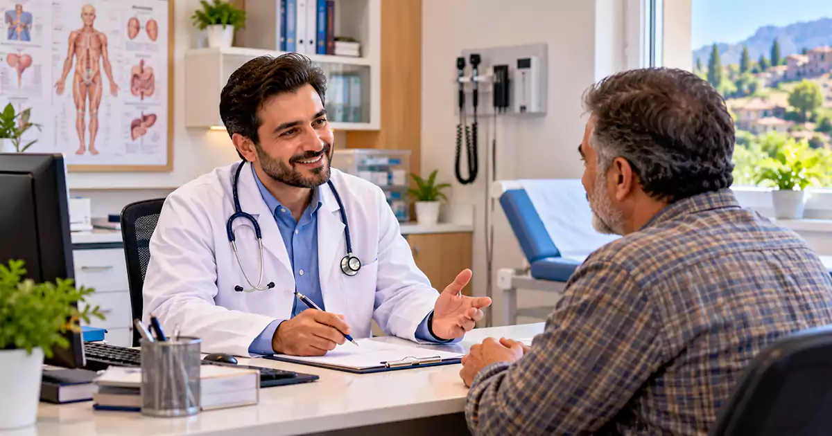 یک پزشک در مطب دکتر در حال پاسخگویی به بیمار خود
