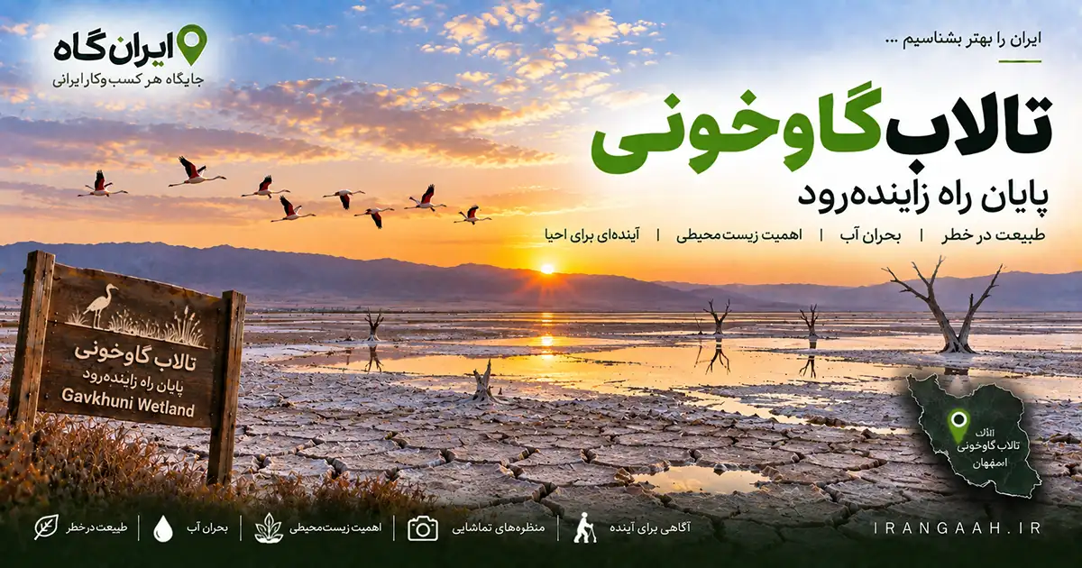ساحل تالاب گاوخونی با قطعات بزرگ گل خشک‌شده و پرندگان در حال پرواز در غروب خورشید