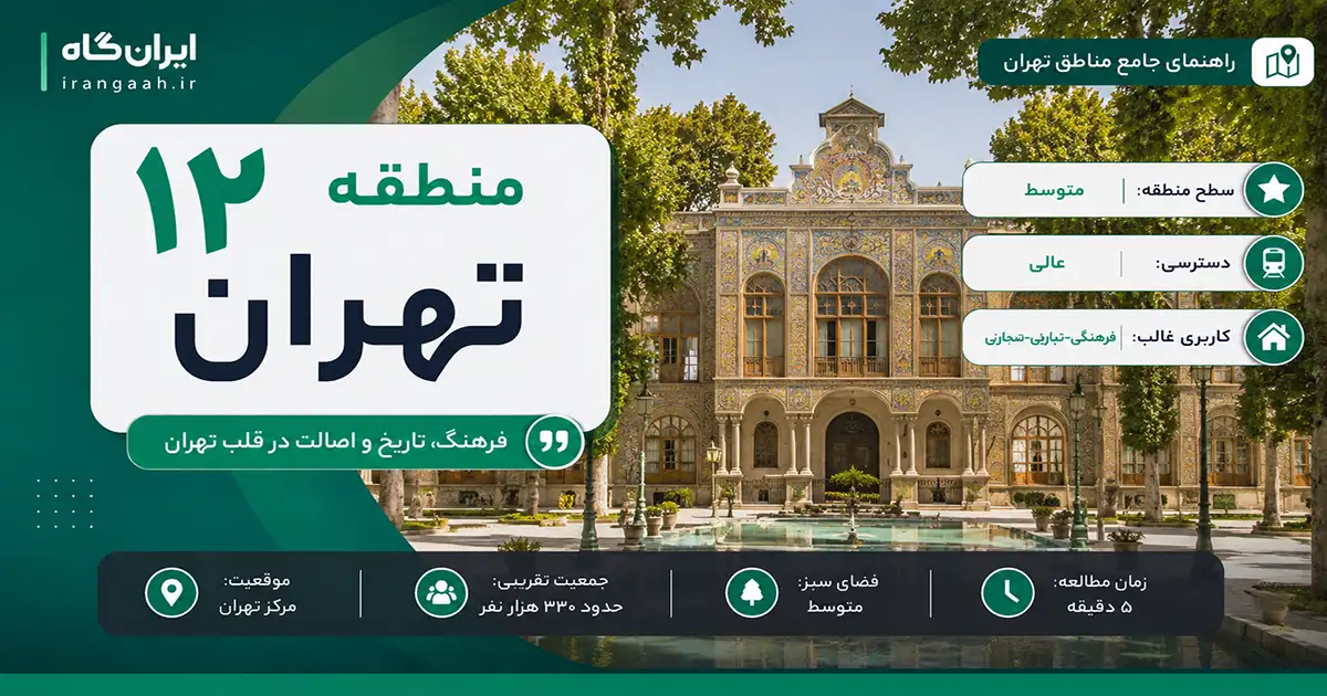 اینفوگرافیک منطقه 12 تهران، معرفی ویژگی‌ها، جمعیت، موقعیت و سطح منطقه با تصویر کاخ گلستان