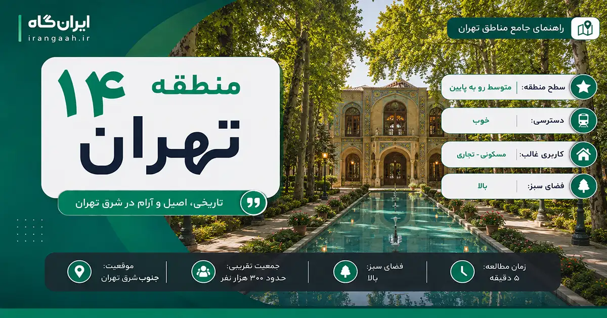 اینفوگرافیک منطقه 14 تهران، معرفی ویژگی‌ها، جمعیت، موقعیت و سطح با تصویر کاخ و باغ و حوض سنتی