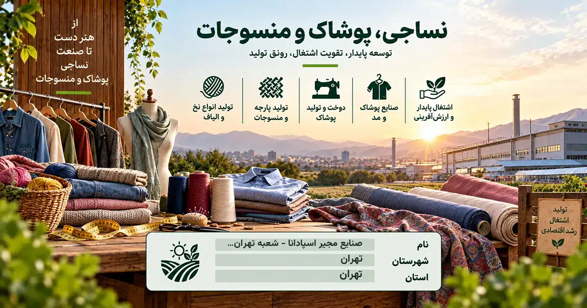 تصویر کسب‌وکار خدماتی نساجی، پوشاک و منسوجات صنایع مجیر اسپادانا - شعبه تهران (ساتکس) در تهران