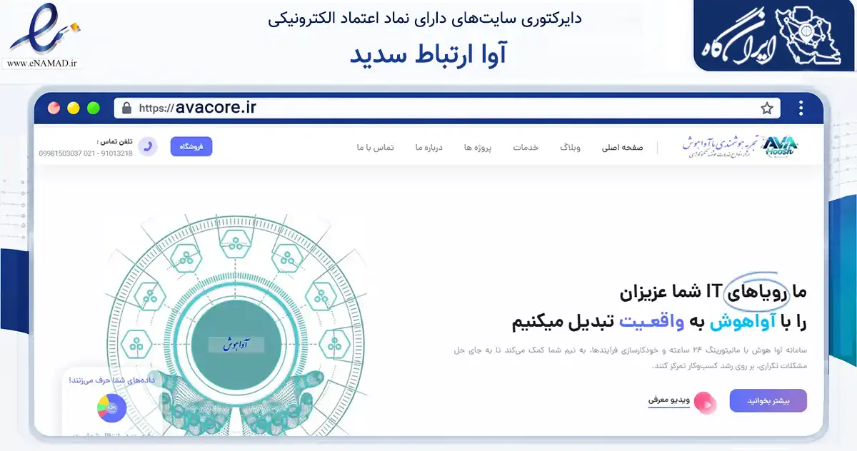 صفحه اصلی سایت آوا ارتباط سدید به نشانی avacore.ir که در زمینه فناوری اطلاعات، ارتباطات و دیجیتال با مرکزیت تهران فعالیت دارد.