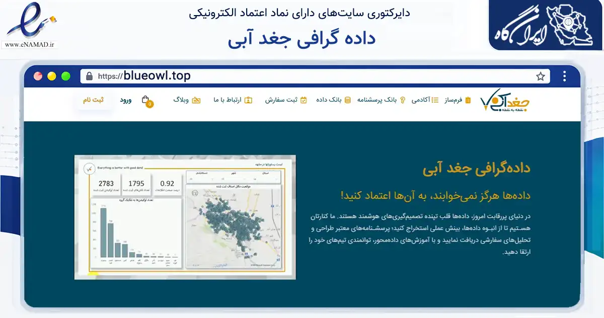 صفحه اصلی سایت داده گرافی جغد آبی به نشانی blueowl.top که در زمینه فناوری اطلاعات، ارتباطات و دیجیتال با مرکزیت طرقبه شاندیز فعالیت دارد.