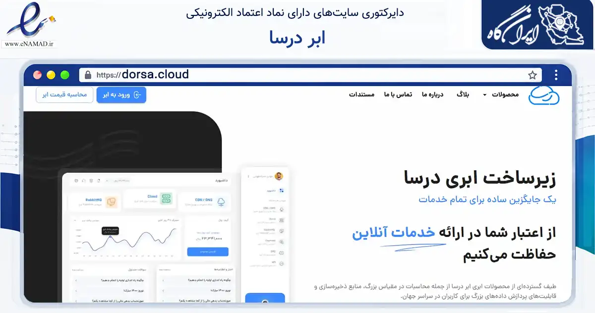 صفحه اصلی سایت ابر درسا به نشانی dorsa.cloud که در زمینه فناوری اطلاعات، ارتباطات و دیجیتال با مرکزیت تهران فعالیت دارد.