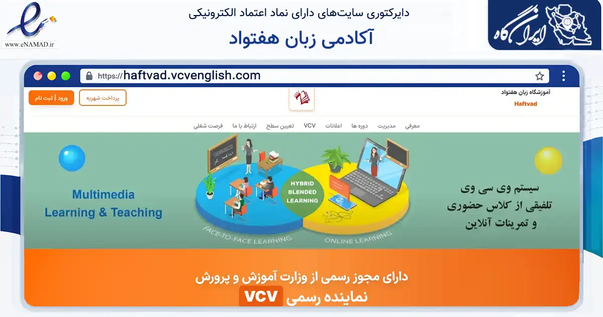 صفحه اصلی سایت آکادمی زبان هفتواد به نشانی haftvad.vcvenglish.com که در زمینه فناوری اطلاعات، ارتباطات و دیجیتال با مرکزیت بم فعالیت دارد.