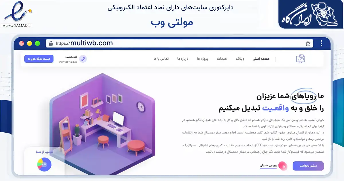 صفحه اصلی سایت مولتی وب به نشانی multiwb.com که در زمینه فناوری اطلاعات، ارتباطات و دیجیتال با مرکزیت قرچک فعالیت دارد.