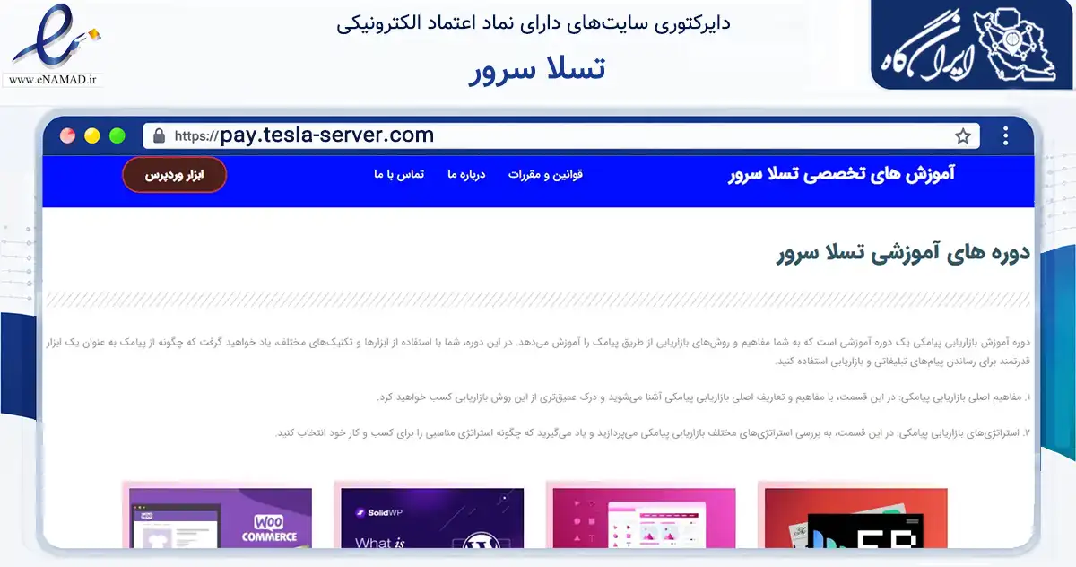 صفحه اصلی سایت تسلا سرور به نشانی pay.tesla-server.com که در زمینه فناوری اطلاعات، ارتباطات و دیجیتال با مرکزیت یزد فعالیت دارد.