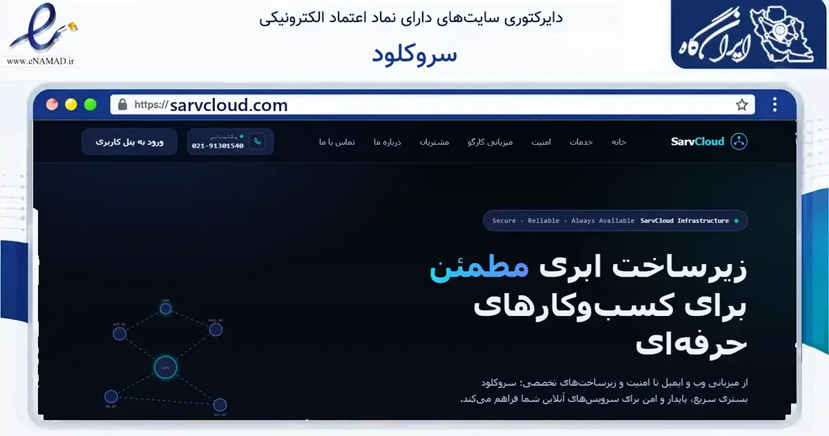 صفحه اصلی سایت سروکلود به نشانی sarvcloud.com که در زمینه فناوری اطلاعات، ارتباطات و دیجیتال با مرکزیت تهران فعالیت دارد.