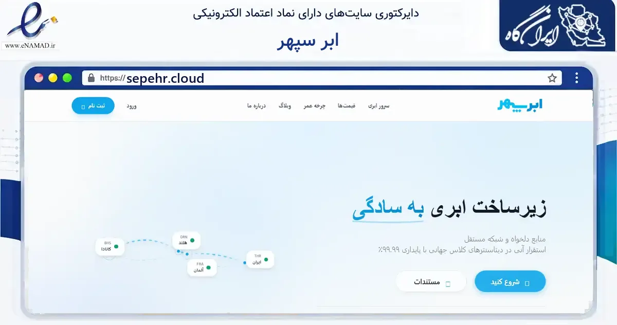 صفحه اصلی سایت ابر سپهر به نشانی sepehr.cloud که در زمینه فناوری اطلاعات، ارتباطات و دیجیتال با مرکزیت تهران فعالیت دارد.
