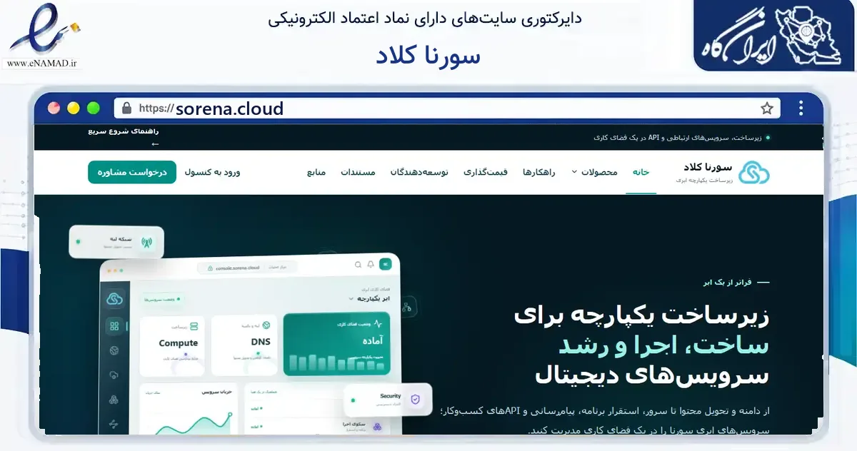 صفحه اصلی سایت سورنا کلاد به نشانی sorena.cloud که در زمینه فناوری اطلاعات، ارتباطات و دیجیتال با مرکزیت تهران فعالیت دارد.