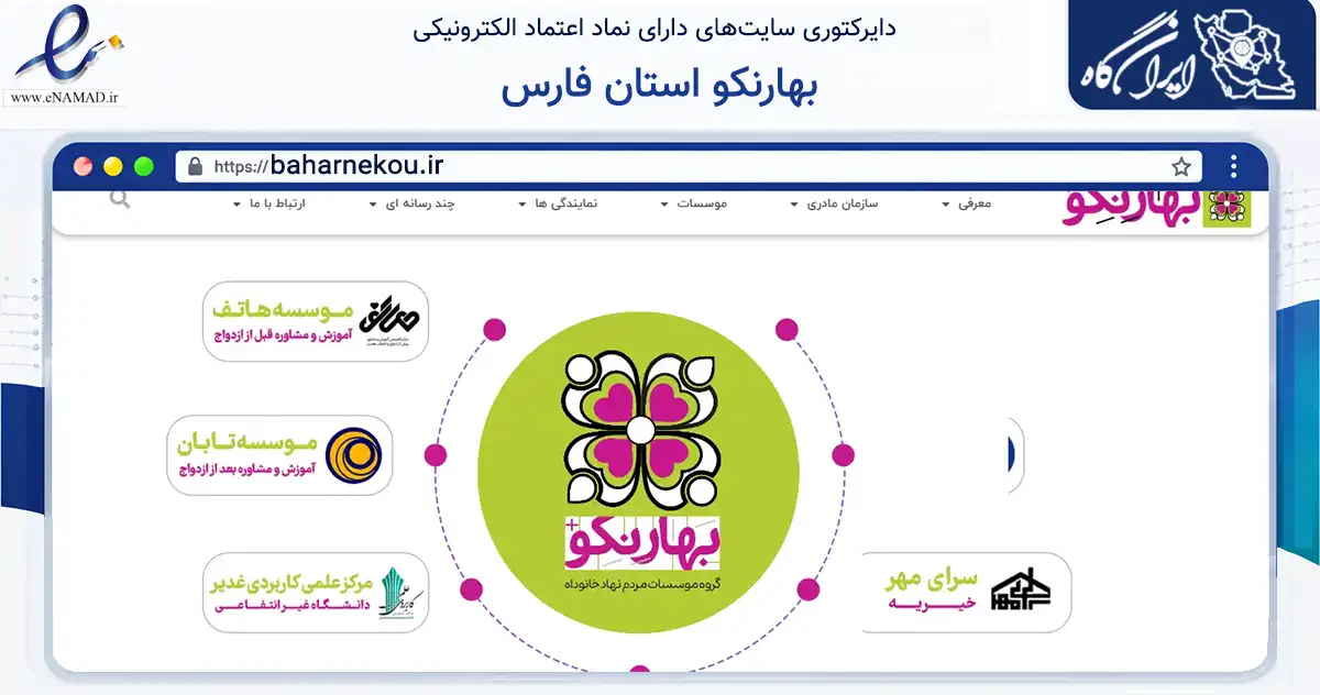 صفحه اصلی سایت بهارنکو استان فارس به نشانی baharnekou.ir که در زمینه سلامت، درمان و پزشکی با مرکزیت شیراز فعالیت دارد.