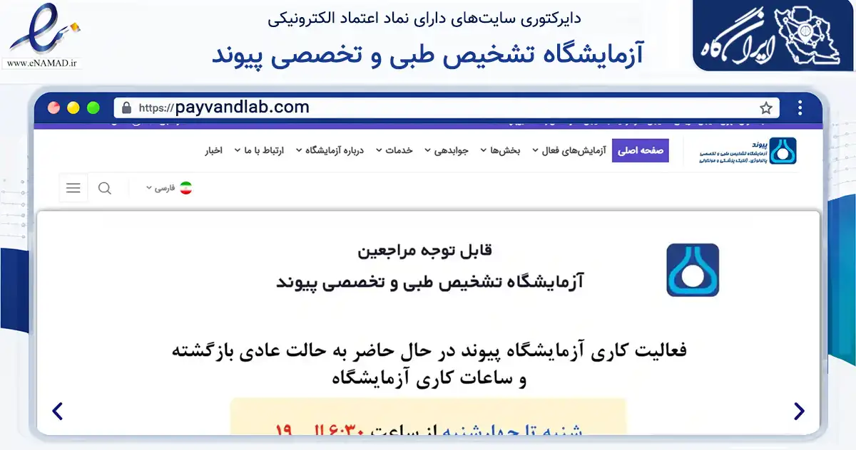 صفحه اصلی سایت آزمایشگاه تشخیص طبی و تخصصی پیوند به نشانی payvandlab.com که در زمینه سلامت، درمان و پزشکی با مرکزیت تهران فعالیت دارد.