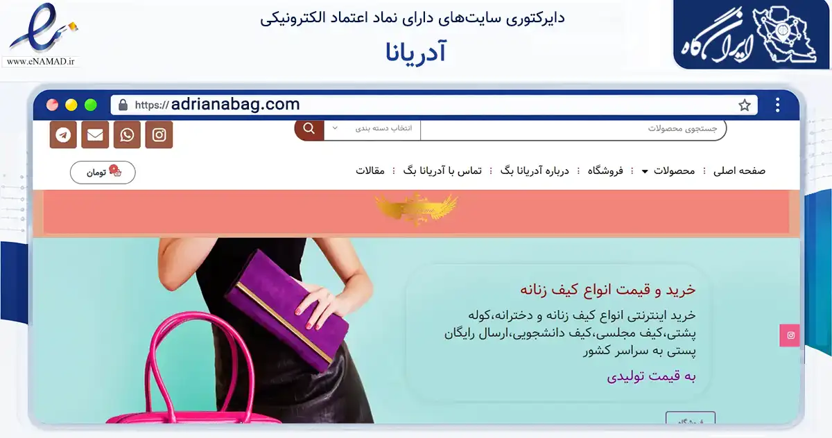 صفحه اصلی سایت آدریانا به نشانی adrianabag.com که در زمینه تجارت، بازرگانی و تبلیغات با مرکزیت تهران فعالیت دارد.