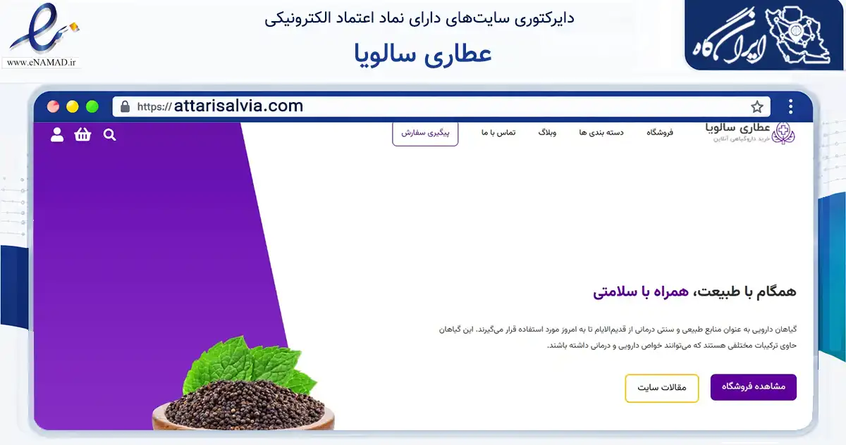 صفحه اصلی سایت عطاری سالویا به نشانی attarisalvia.com که در زمینه تجارت، بازرگانی و تبلیغات با مرکزیت مشهد فعالیت دارد.