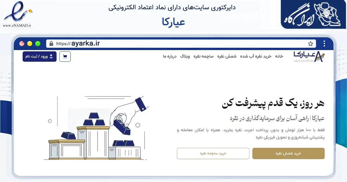 صفحه اصلی سایت عیارکا به نشانی ayarka.ir که در زمینه تجارت، بازرگانی و تبلیغات با مرکزیت تهران فعالیت دارد.