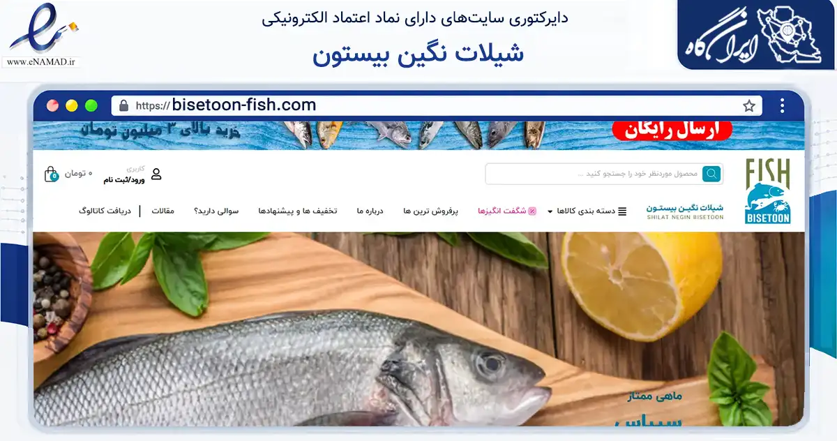 صفحه اصلی سایت شیلات نگین بیستون به نشانی bisetoon-fish.com که در زمینه تجارت، بازرگانی و تبلیغات با مرکزیت بوشهر فعالیت دارد.