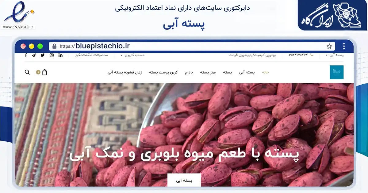 صفحه اصلی سایت پسته آبی به نشانی bluepistachio.ir که در زمینه تجارت، بازرگانی و تبلیغات با مرکزیت سیرجان فعالیت دارد.