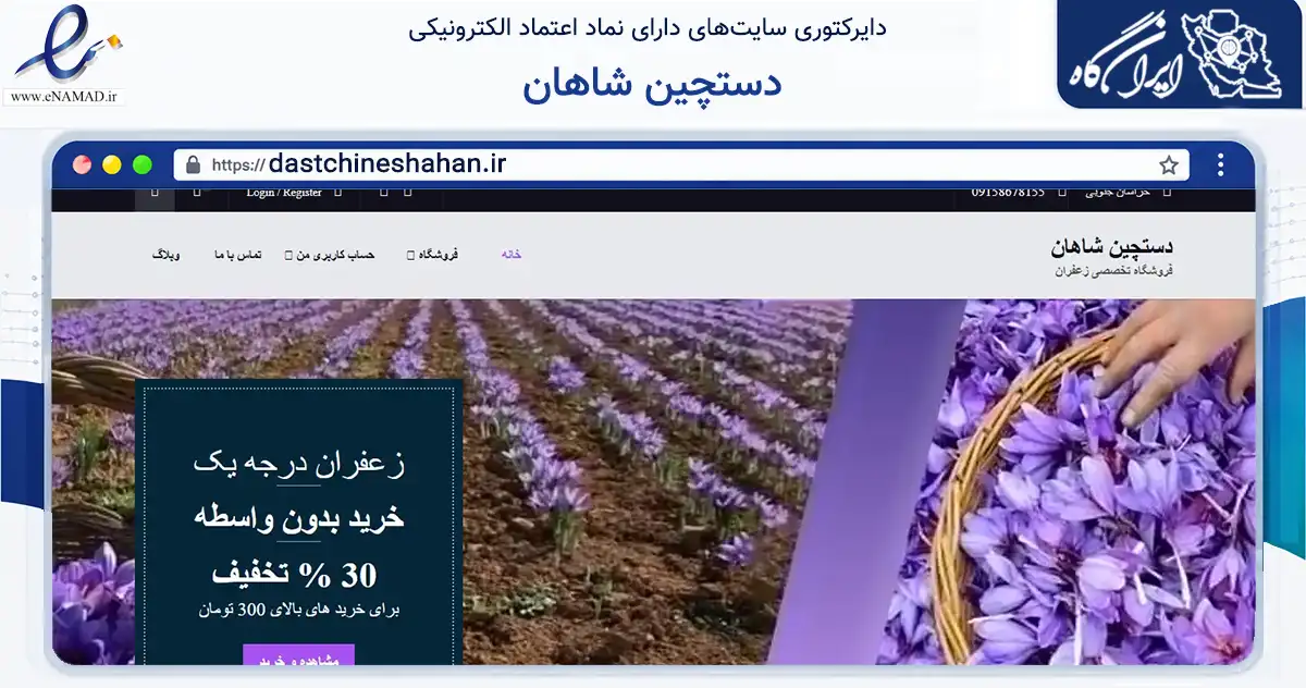 صفحه اصلی سایت دستچین شاهان به نشانی dastchineshahan.ir که در زمینه تجارت، بازرگانی و تبلیغات با مرکزیت بیرجند فعالیت دارد.