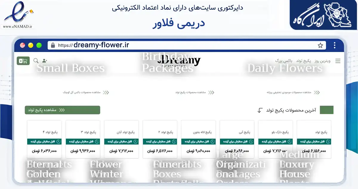 صفحه اصلی سایت دریمی فلاور به نشانی dreamy-flower.ir که در زمینه تجارت، بازرگانی و تبلیغات با مرکزیت شمیرانات فعالیت دارد.