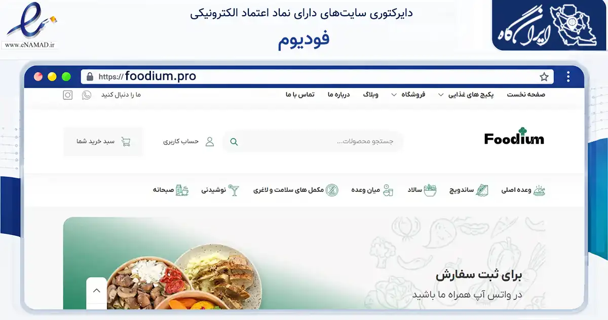 صفحه اصلی سایت فودیوم به نشانی foodium.pro که در زمینه تجارت، بازرگانی و تبلیغات با مرکزیت تهران فعالیت دارد.