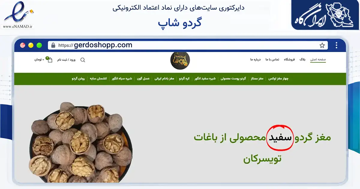 صفحه اصلی سایت گردو شاپ به نشانی gerdoshopp.com که در زمینه تجارت، بازرگانی و تبلیغات با مرکزیت تویسرکان فعالیت دارد.