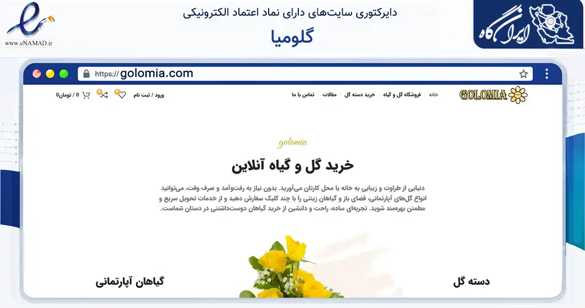 صفحه اصلی سایت گلومیا به نشانی golomia.com که در زمینه تجارت، بازرگانی و تبلیغات با مرکزیت شمیرانات فعالیت دارد.