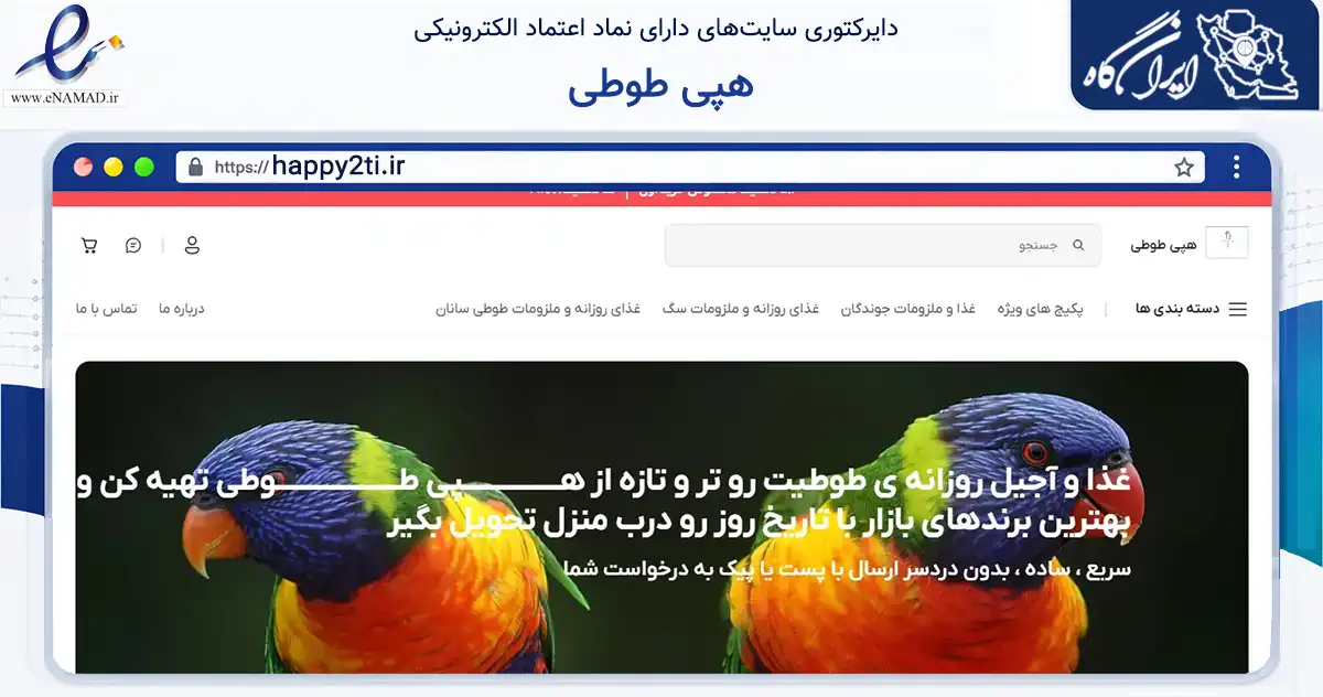 صفحه اصلی سایت هپی طوطی به نشانی happy2ti.ir که در زمینه تجارت، بازرگانی و تبلیغات با مرکزیت تهران فعالیت دارد.