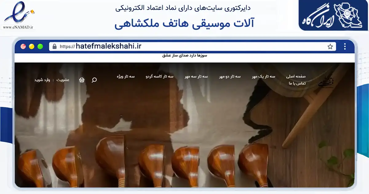 صفحه اصلی سایت آلات موسیقی هاتف ملکشاهی به نشانی hatefmalekshahi.ir که در زمینه تجارت، بازرگانی و تبلیغات با مرکزیت کرج فعالیت دارد.