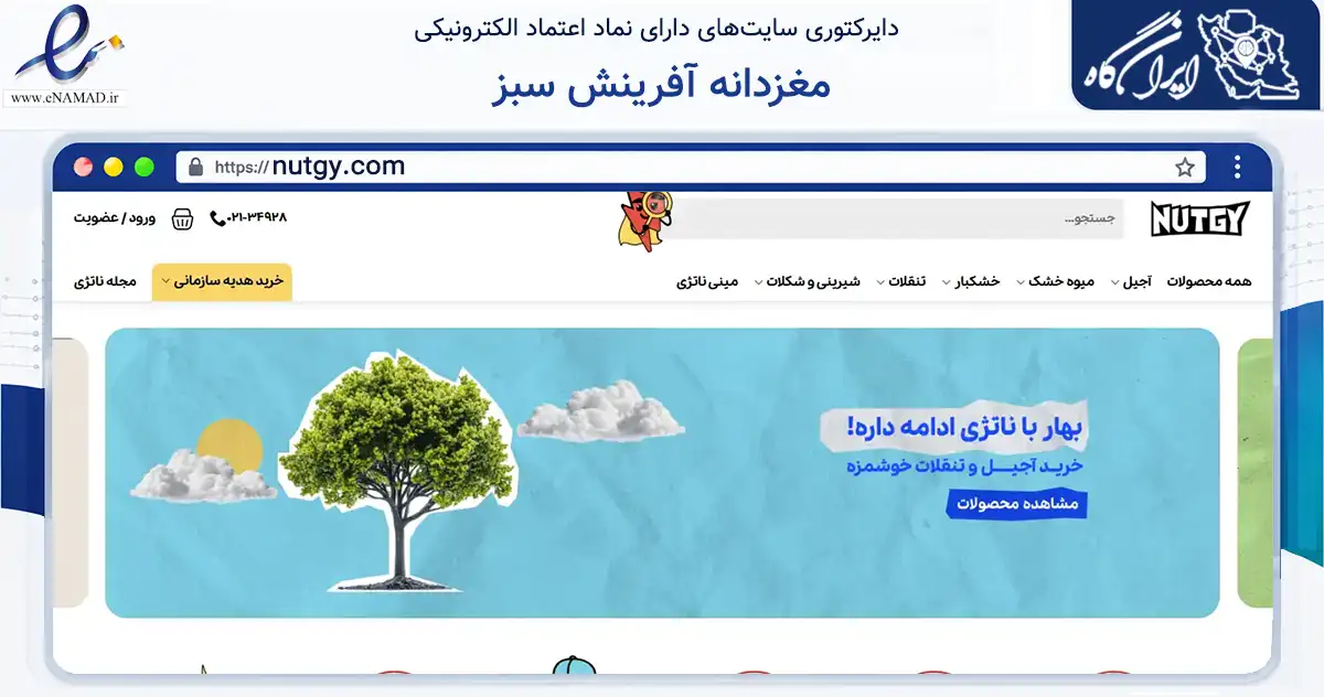 صفحه اصلی سایت مغزدانه آفرینش سبز به نشانی nutgy.com که در زمینه تجارت، بازرگانی و تبلیغات با مرکزیت تهران فعالیت دارد.