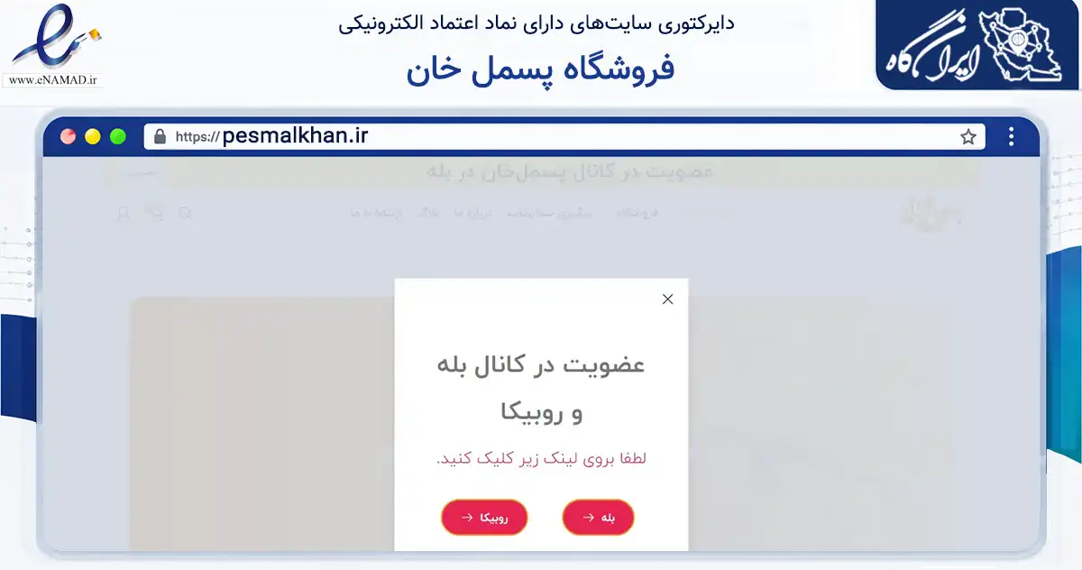 صفحه اصلی سایت فروشگاه پسمل خان به نشانی pesmalkhan.ir که در زمینه تجارت، بازرگانی و تبلیغات با مرکزیت تهران فعالیت دارد.