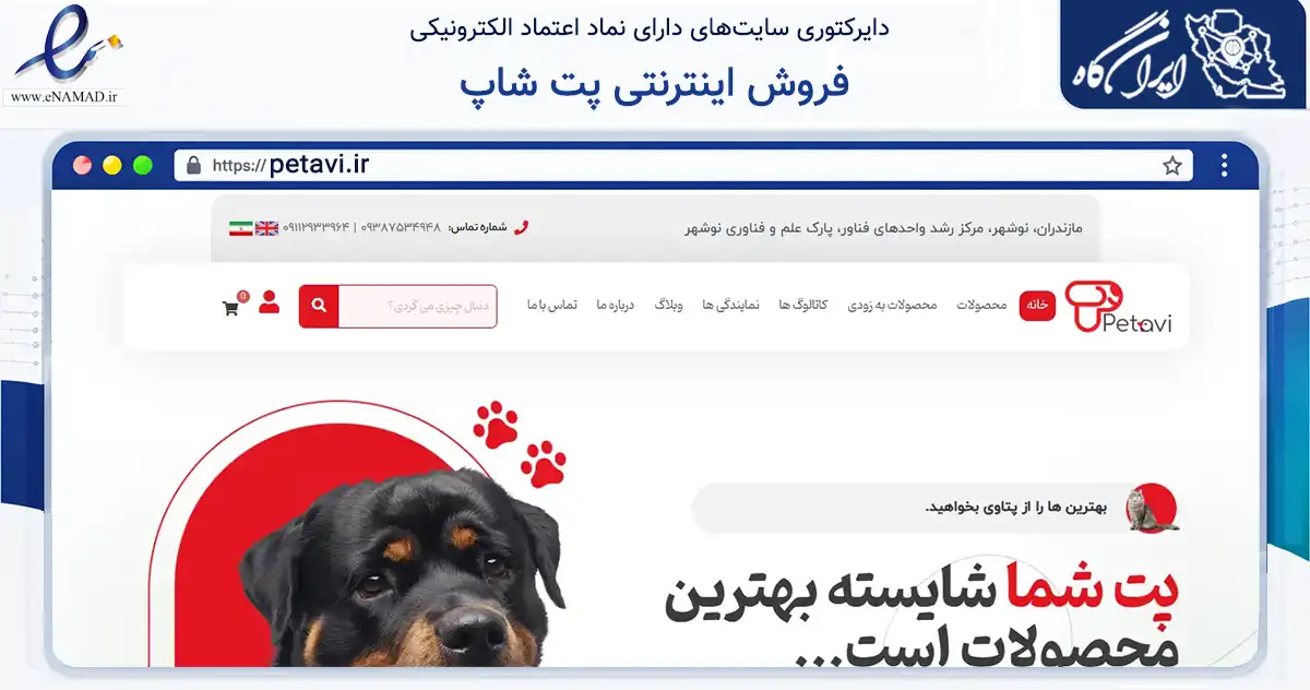 صفحه اصلی سایت فروش اینترنتی پت شاپ به نشانی petavi.ir که در زمینه تجارت، بازرگانی و تبلیغات با مرکزیت چالوس فعالیت دارد.