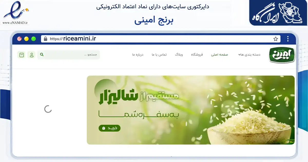 صفحه اصلی سایت برنج امینی به نشانی riceamini.ir که در زمینه تجارت، بازرگانی و تبلیغات با مرکزیت فریدونکنار فعالیت دارد.